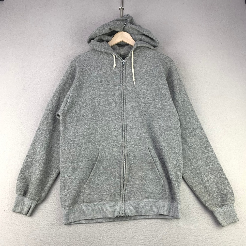 Vintage 80s Blank Hoodie Sweatshirt Men M/L Gray Athletic‎ Full Zip Basic Fleece